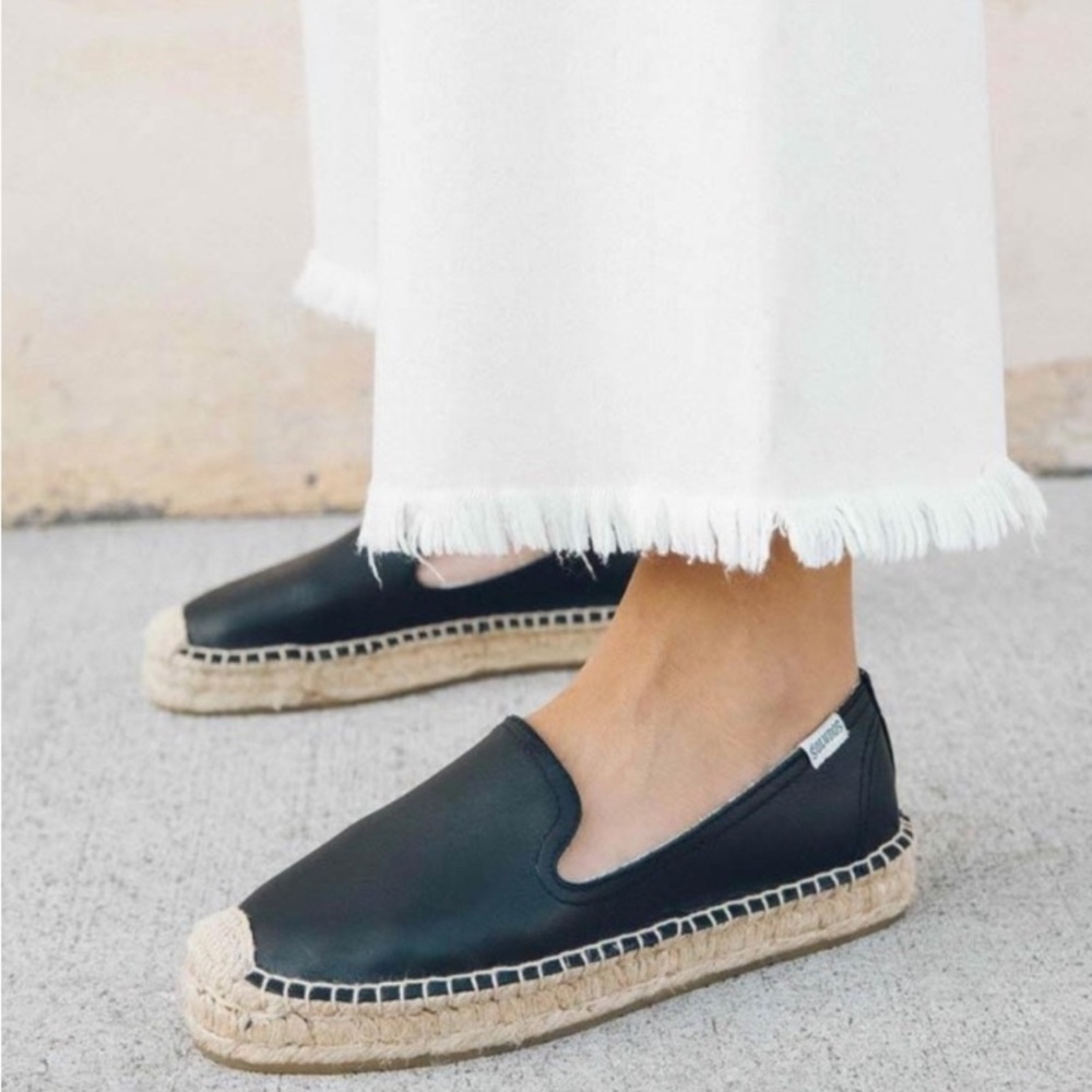 Soludos Orginial Espadrille Black Leather Slip On Loafers Women's Size 7